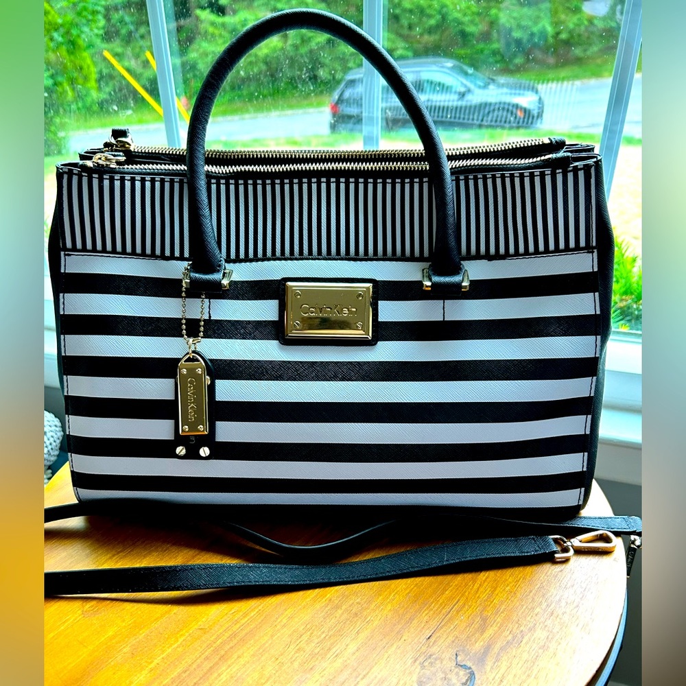 Calvin Klein black and white stripped tote